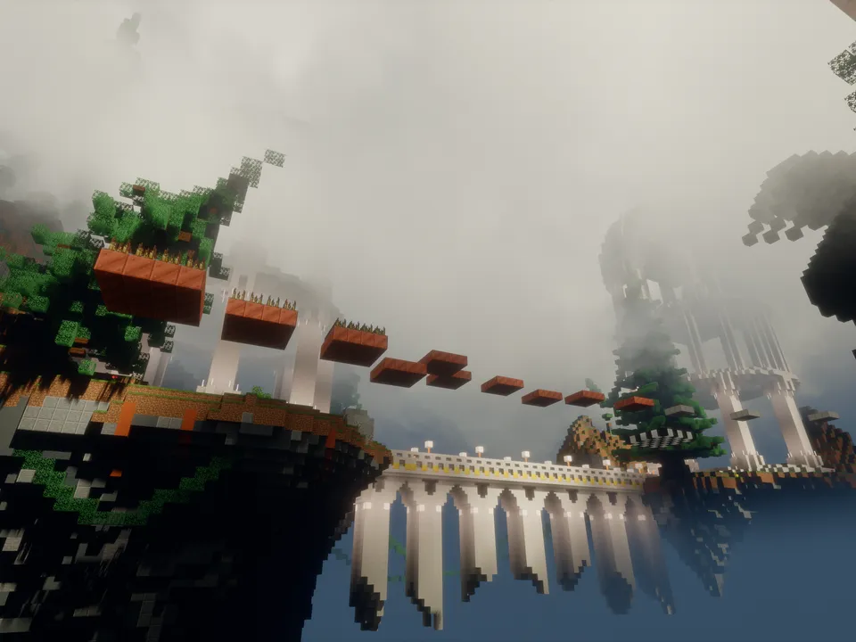 Olympus, floating islands linked by bridges, seen from a walkway between them