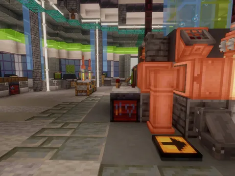 The inside of a Create-mod factory, with pipes, machinery, and conveyor-style contraptions