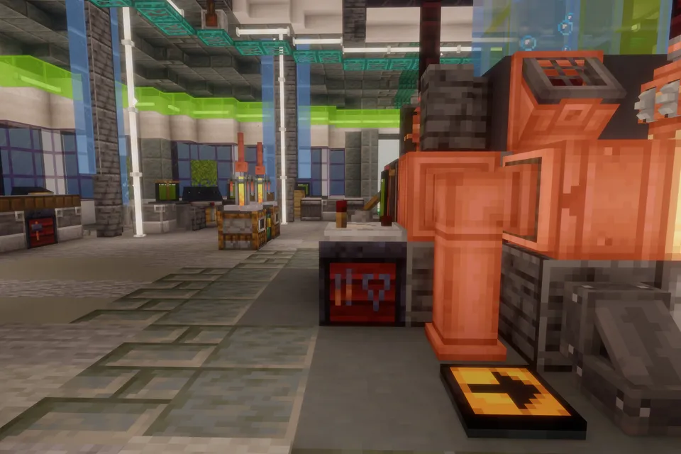 The inside of a Create-mod factory, with pipes, machinery, and conveyor-style contraptions