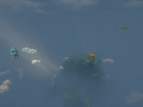A small floating island seen from above through fog, in an adventure dimension