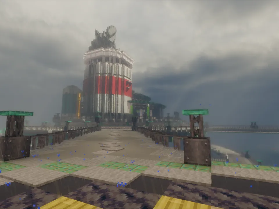 SeaLab, a tall red-and-white striped tower rising from a dock, seen through rain