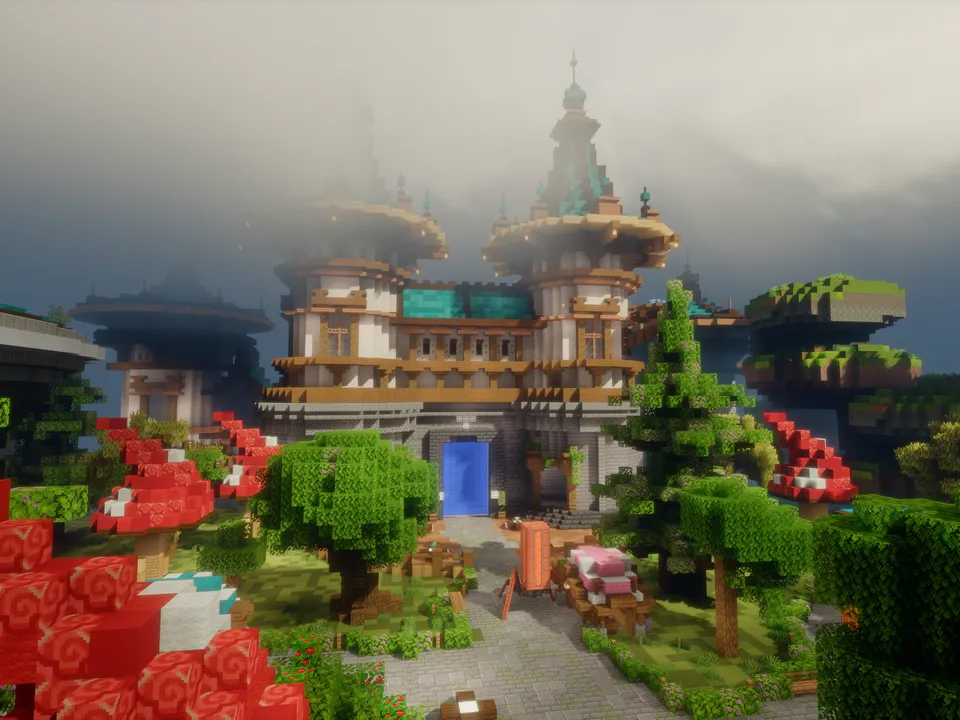 Spawn, an ornate towered palace wrapped in fog, with a blue door and a mushroom garden out front